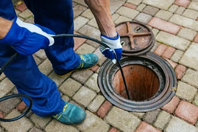 Plumber cleaning an outdoor sewer drain in Panama City
