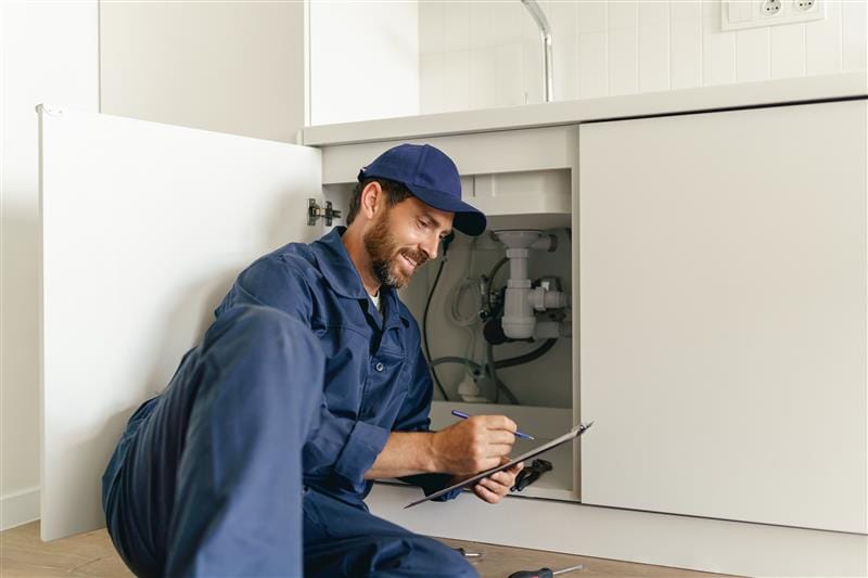 Residential plumber reviewing plumbing repairs in a Panama City kitchen