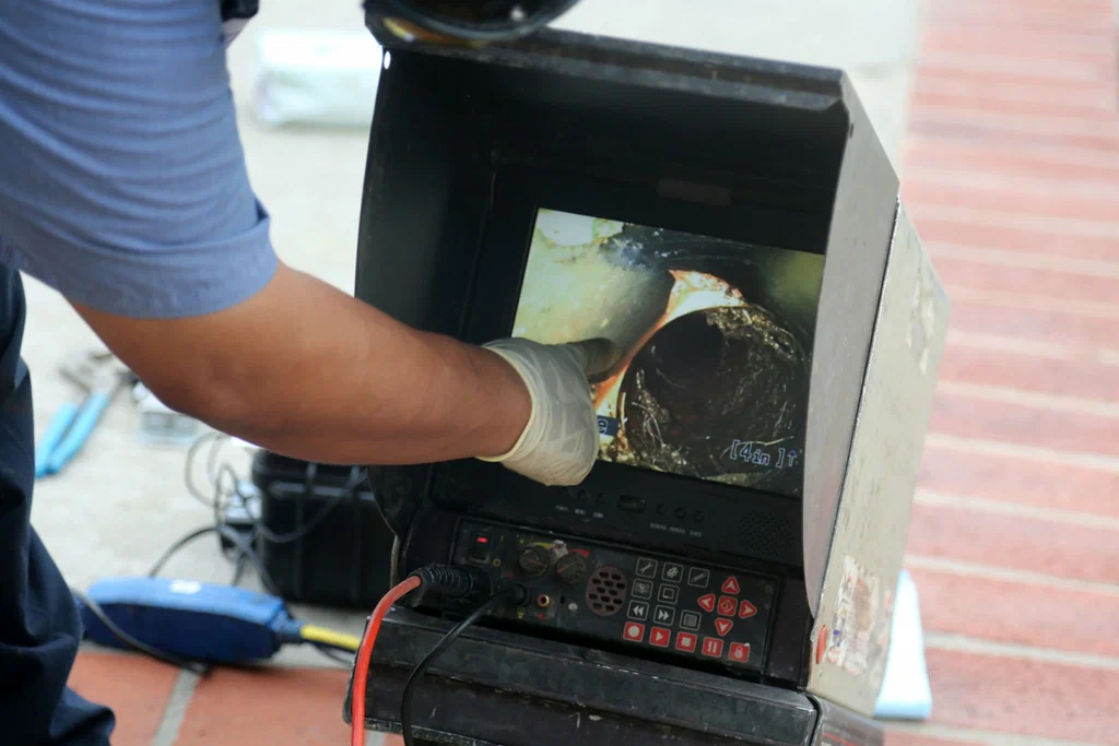 Technician viewing a drain inspection camera in Panama City