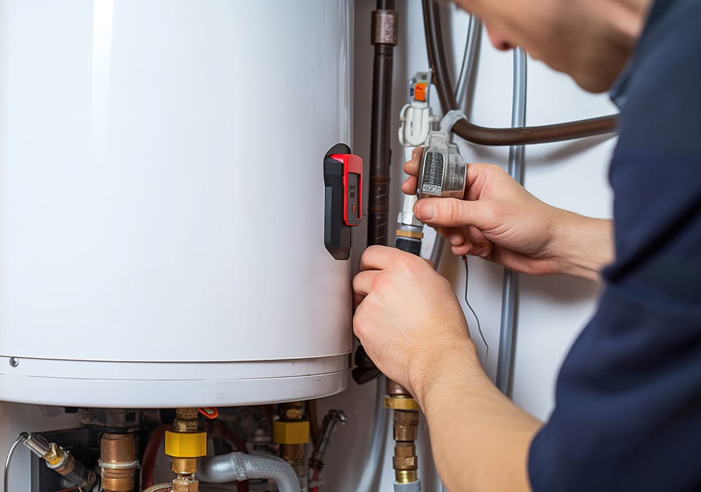 Technician repairing pipes connected to a water heater in Panama City